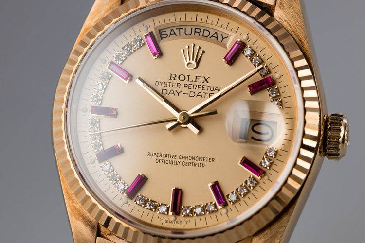 1986 Rolex 18K YG Day-Date 18038 with Diamond and Ruby String Dial