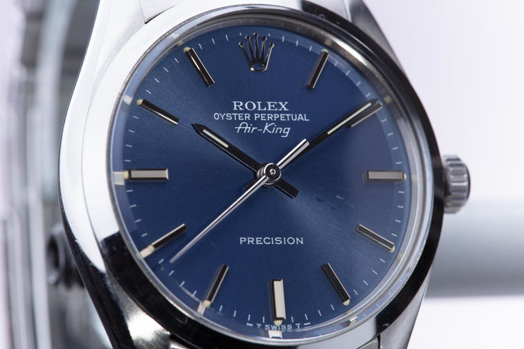 1987 Rolex Air-King 5500 Blue Stick Dial & Creamy Lume Plots with Box, Papers, Booklets, & Service Card