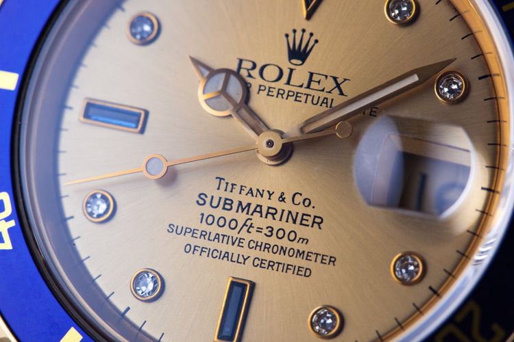 1990 Rolex YG Submariner 16618 Gold Tiffany & Co. Dial with Sapphire and Diamonds