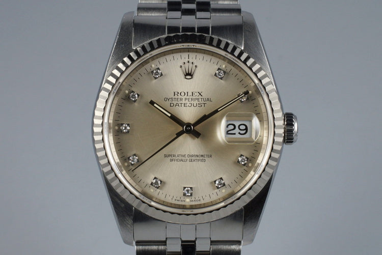 1990 Rolex DateJust 16234 with Factory Diamond Silver Dial