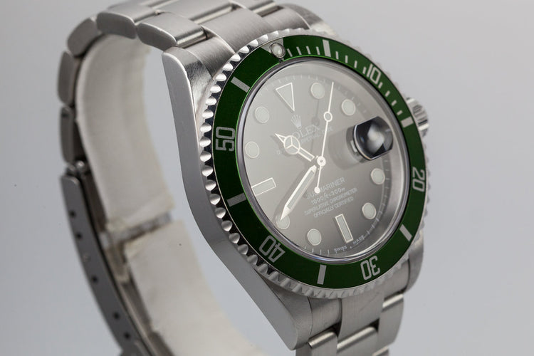 2003 Rolex Green Submariner 16610LV Mark 1 dial and Flat 4 Bezel with Box and Papers