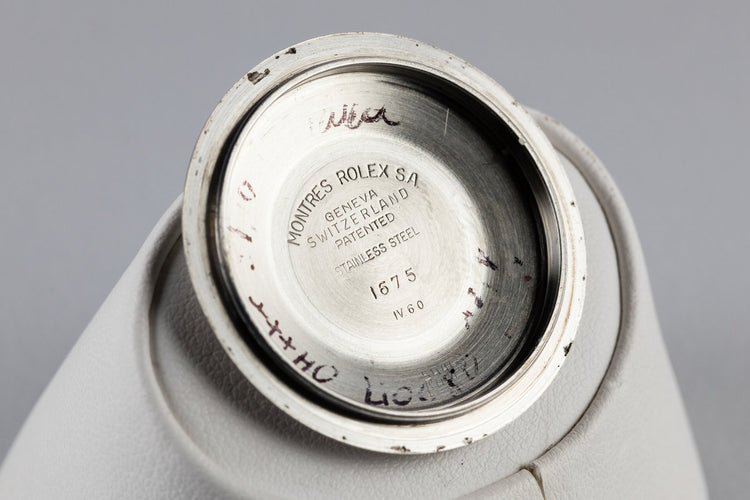 1960 Rolex GMT-Master 1675 with Pointed Crown Guard Case, Gilt Exclamation Dial, and Fuchsia Bezel Insert with Papers