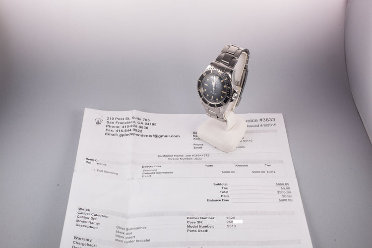 1970 Rolex Submariner 5513 Serif Dial with Service Papers