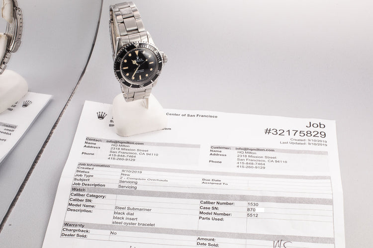 1962 Rolex Submariner 5512 Service Dial with Service Papers