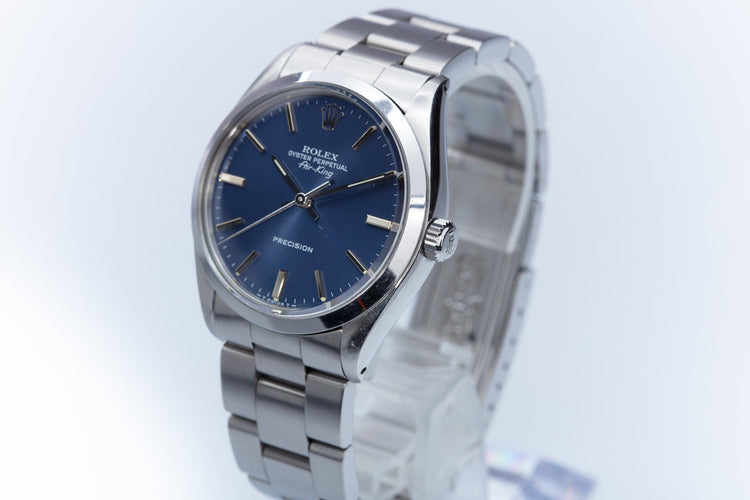 1987 Rolex Air-King 5500 Blue Stick Dial & Creamy Lume Plots with Box, Papers, Booklets, & Service Card