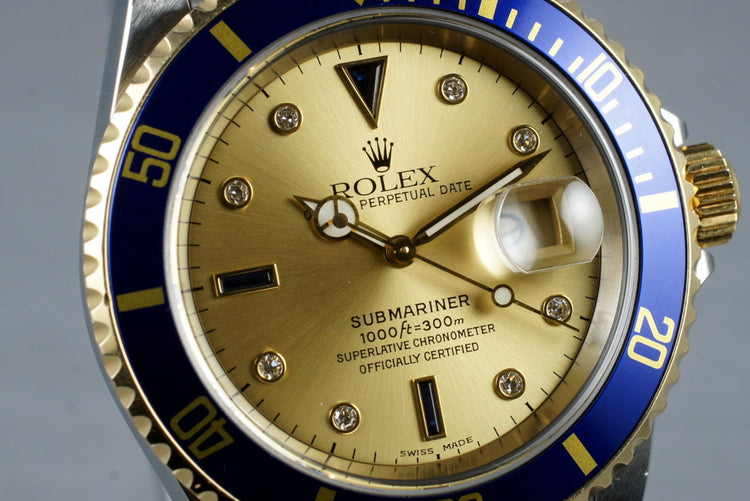 2000 Rolex Two Tone Submariner 16613 Serti Dial with Box and Papers