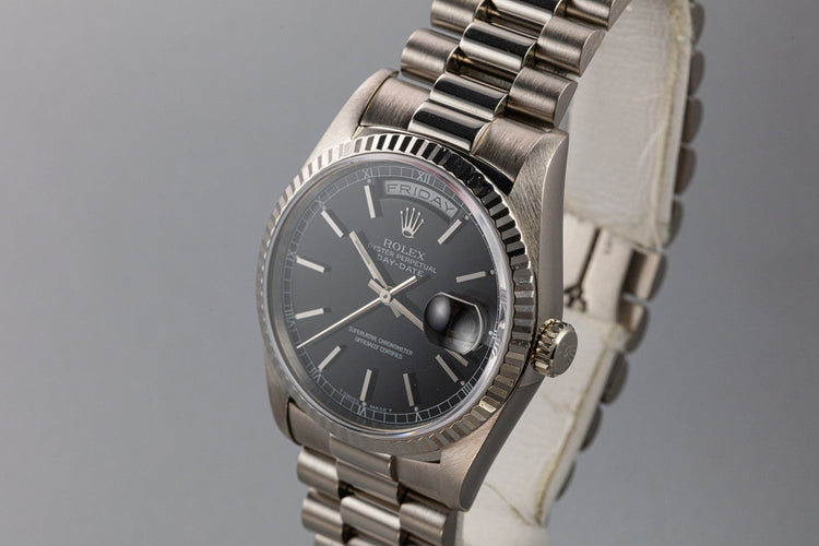 1990 Rolex 18K WG Day-Date 18239 Black Dial with Box and Papers