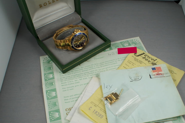 Rolex 18K Yellow Gold Submariner 1680 with Box, Papers, Sales Receipt
