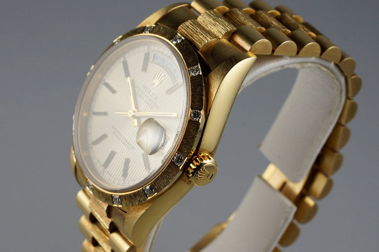 1988 Rolex YG Bark Day-Date 18308 Tapestry Dial with Factory Diamond Bark Bezel