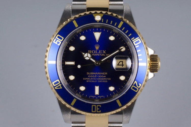 2005 Rolex Two Tone Blue Submariner 16613 with Box and Papers