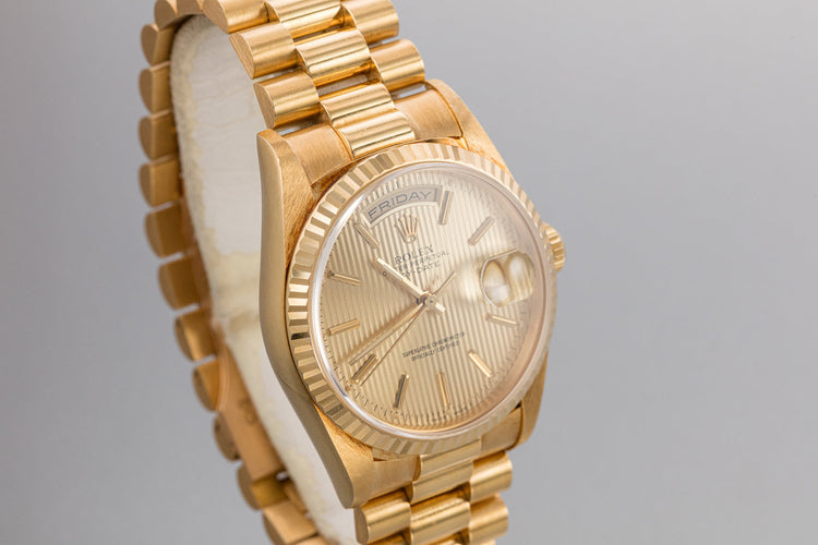 1990 Rolex 18K YG Day-Date 18238 Champagne Tapestry Dial with Papers