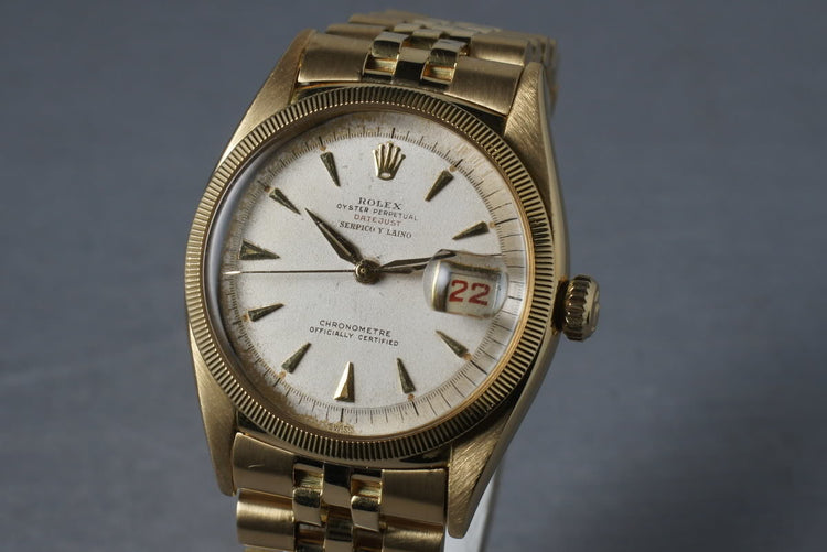 Rolex 18K Gold Datejust 6305 with Roulette date wheel and Serpico Y Laino