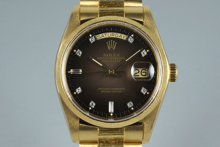 1979 Rolex YG Bark Day Date 18078 Factory Diamond Vignette Dial with Box and Papers