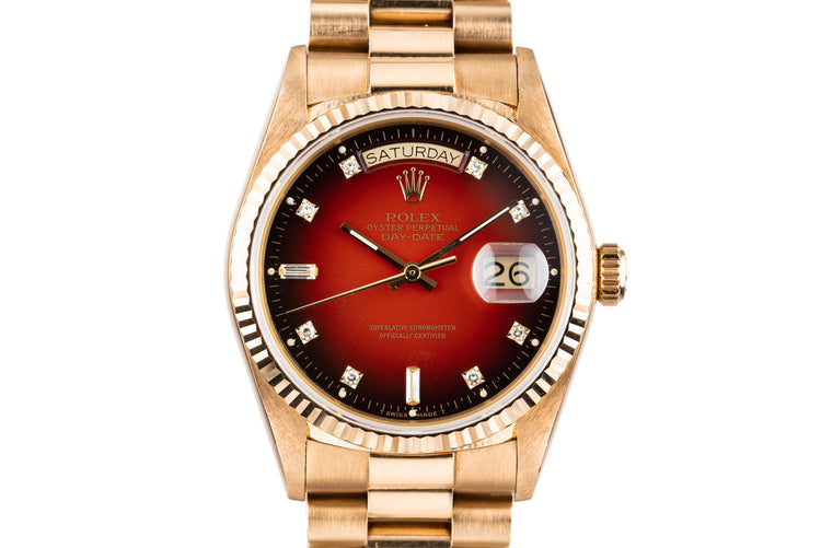 1987 Rolex 18K Day-Date 18038 with Red Diamond Vignette Dial