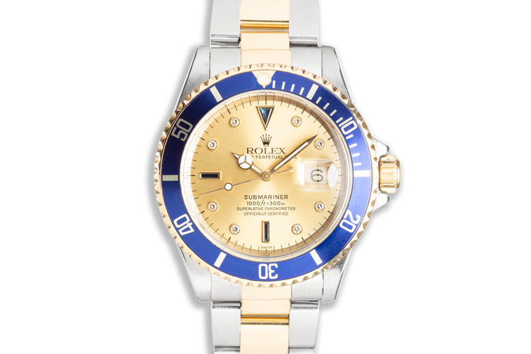 2000 Rolex 18k & Stainless 16613 Champagne Serti Dial Box & Papers