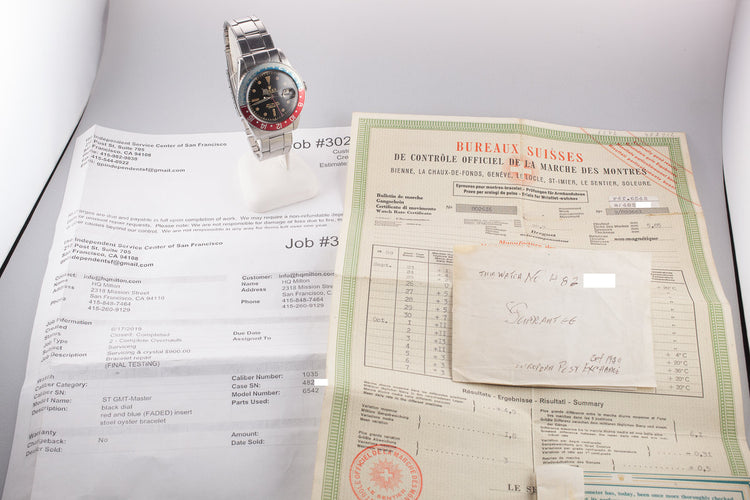 1959 Rolex GMT-Master 6542 Gilt Dial with Chronometer Papers and Service Papers