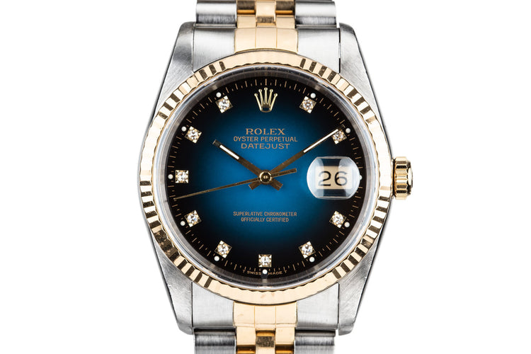 1990 Rolex Two Tone DateJust 16233 Blue Vingette Diamond Dial with Box and Papers