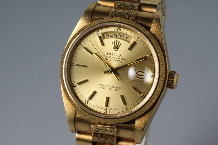 1979 Rolex YG Bark Day Date 18078 Champagne Dial with Box and Papers
