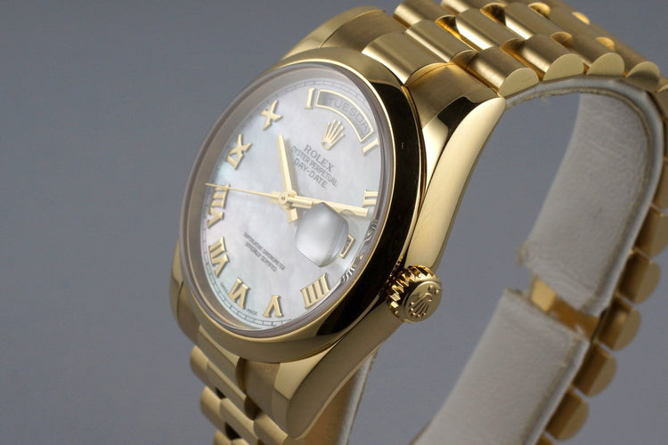 2002 Rolex YG Day-Date 118208 M-O-P Roman Dial with Box and Papers