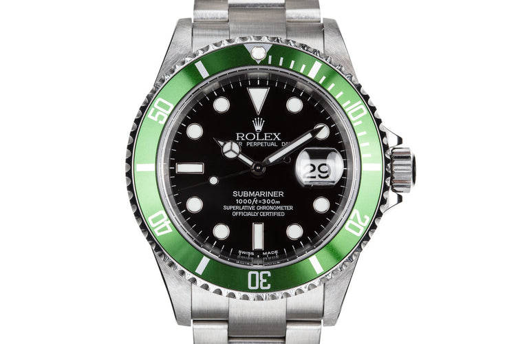 2003 Rolex Green Submariner 16610LV with Flat 4 Bezel and Box and Papers