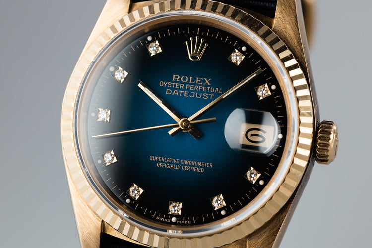 1983 Rolex 18K YG DateJust 16018 with Blue Vignette Diamond Dial