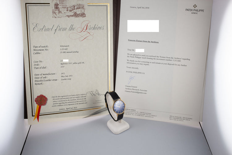 1972 18K YG Patek Philippe Calatrava 3537 with Extract from the Archives Papers