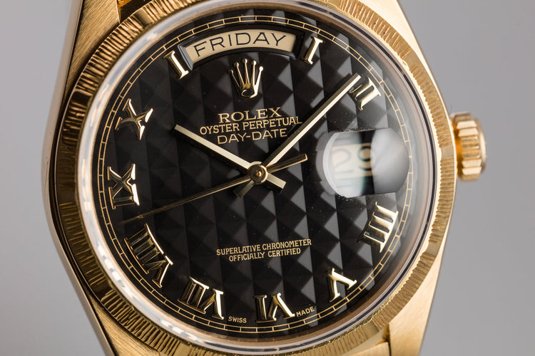 1986 Rolex 18K YG Bark Day-Date 18078 Black Pyramid Dial with Service Papers