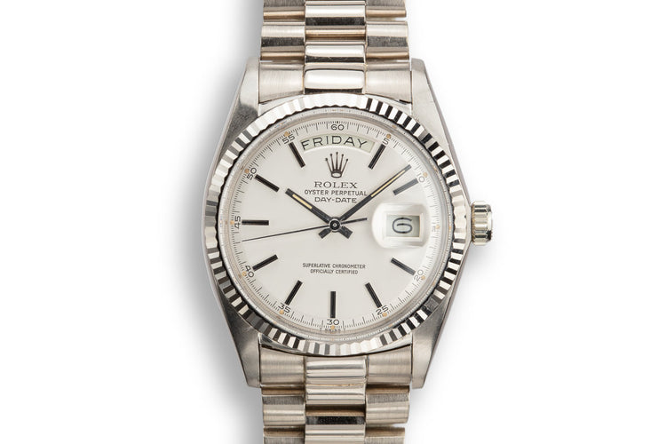 1972 Rolex 18K White Gold Day-Date 1803 Silver Dial with Box and Double Papers