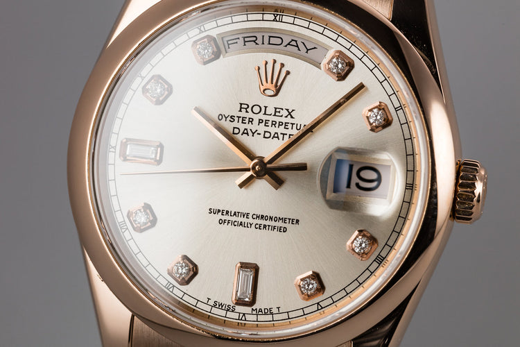 2000 Rolex 18K Rose Gold Day-Date 118205 Silver Diamond Dial with Box and Papers