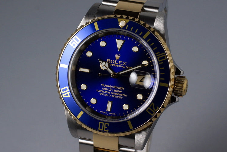 2005 Rolex Two Tone Blue Submariner 16613 with Box and Papers