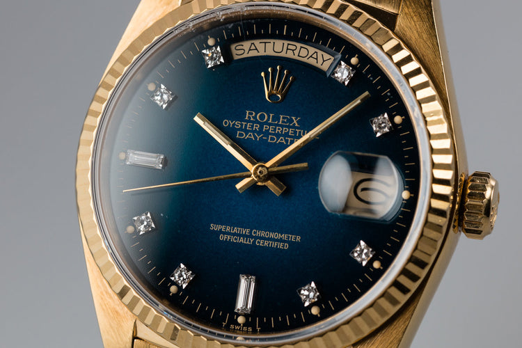 1985 Rolex 18K YG Day-Date 18038A with Factory Diamond Blue Vignette Dial