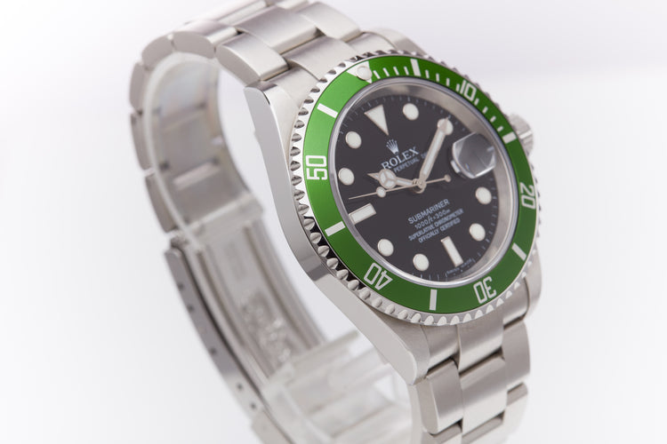 2006 Unpolished Rolex 16610LV Green Anniversary Submariner with Box, Hangtag, Card, & Booklets