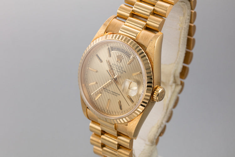 1990 Rolex 18K YG Day-Date 18238 Champagne Tapestry Dial with Papers