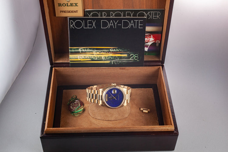 1982 Rolex 18k YG Day-Date 18038 Lapis Dial with Box and Booklets