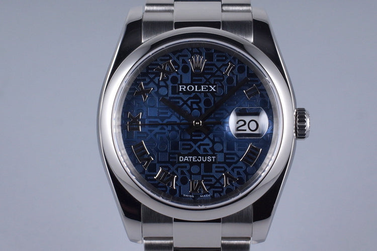 2005 Rolex DateJust 116200 Blue Jubilee Roman Dial with Box and Papers