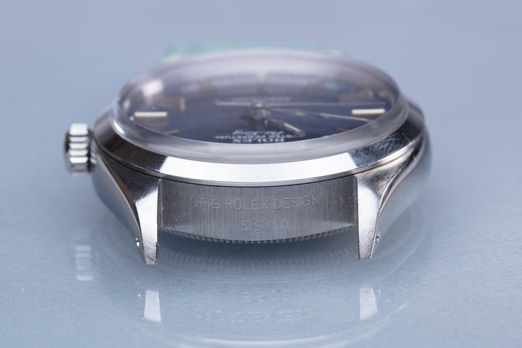 1987 Rolex Air-King 5500 Blue Stick Dial & Creamy Lume Plots with Box, Papers, Booklets, & Service Card