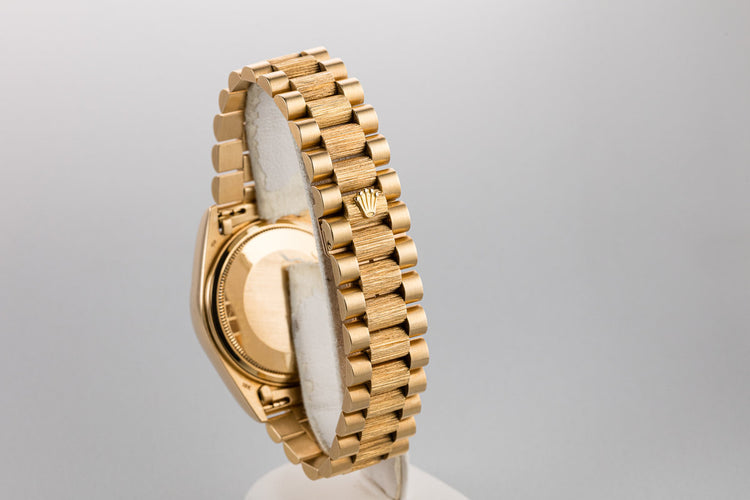 1986 Rolex 18K YG Bark Day-Date 18078 Black Pyramid Dial with Service Papers