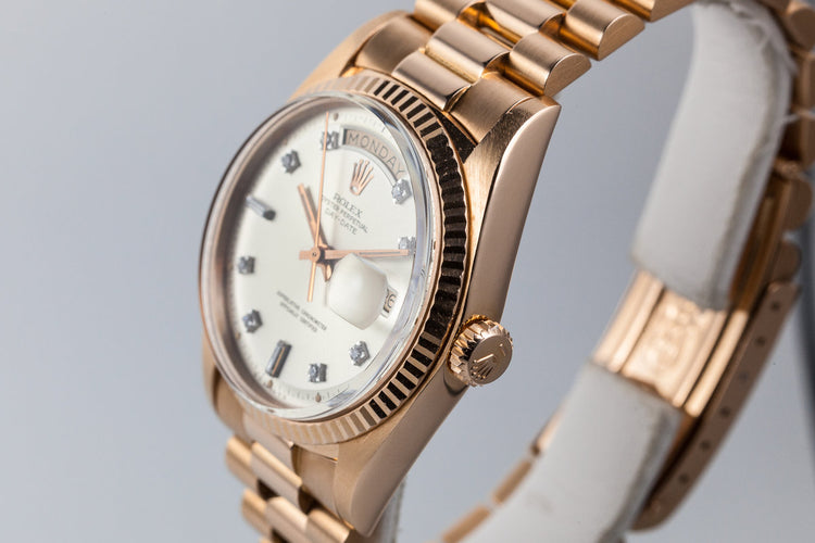 1972 Rolex Rose Gold Day Date 1803 Factory Diamond Silver Dial