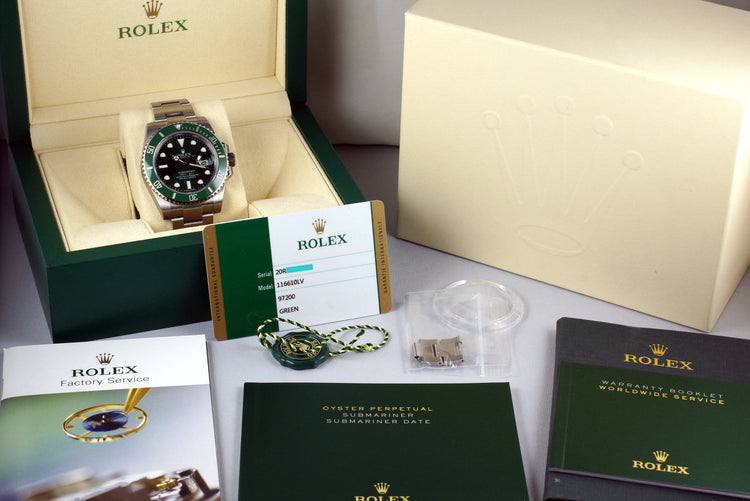 2016 Rolex Green Submariner 116610LV with Box and Papers MINT