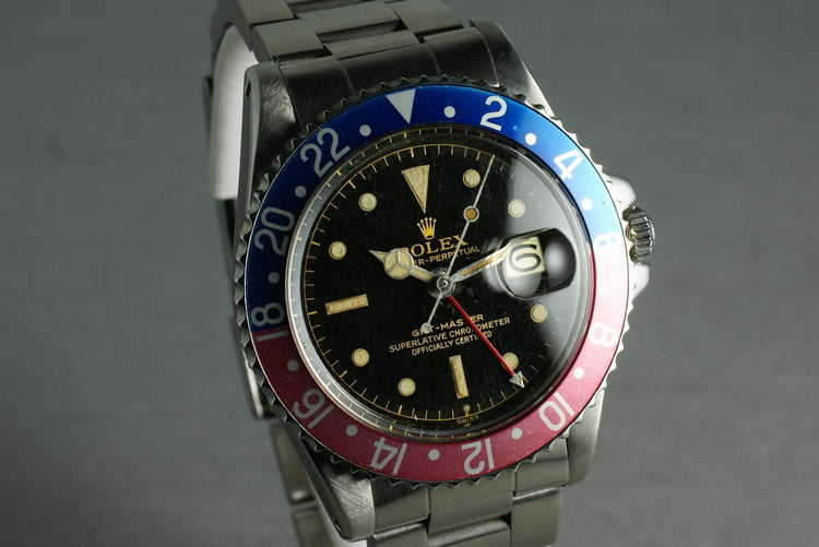 Rolex GMT Ref: 1675 Pointy Crown Guard chapter ring exclamation dial