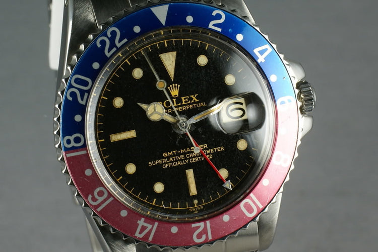 Rolex GMT Ref: 1675 Pointy Crown Guard chapter ring exclamation dial