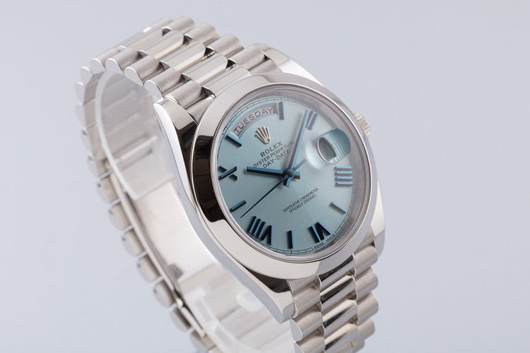 2018 Platinum Day Date 228206 with Glacier Blue Roman Quadrant Motif Dial and Box and Card