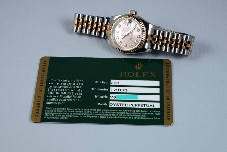 2009 Rolex Ladies Two Tone DateJust 179171 Factory Diamond Rose Dial with Papers