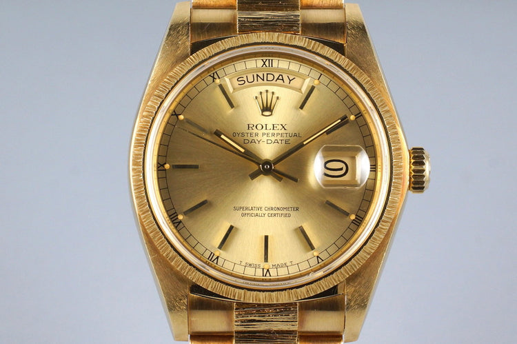 1979 Rolex YG Bark Day Date 18078 Champagne Dial with Box and Papers
