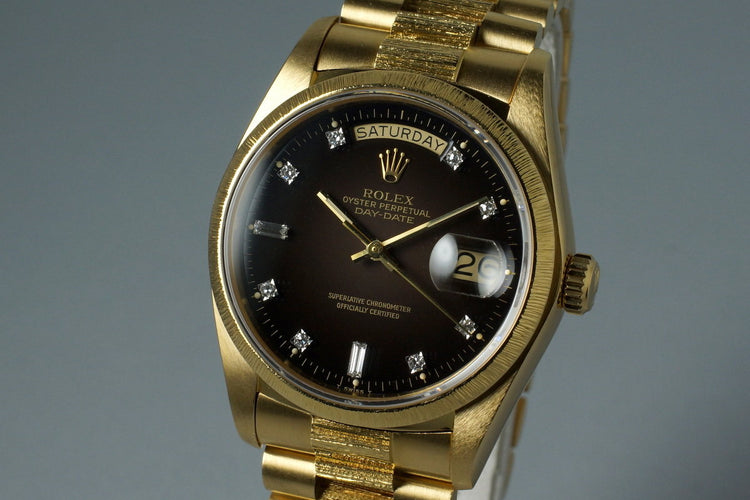 1979 Rolex YG Bark Day Date 18078 Factory Diamond Vignette Dial with Box and Papers