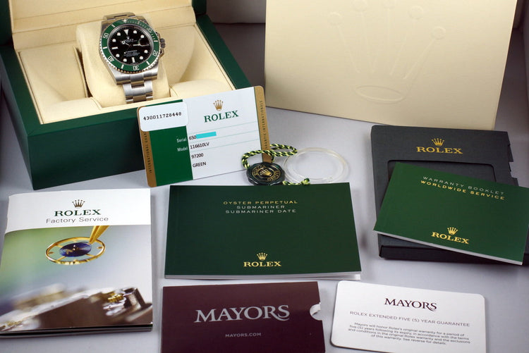 2016 Rolex Green Submariner 116610LV with Box and Papers MINT