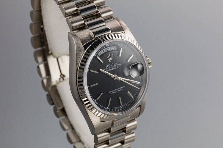 1990 Rolex 18K WG Day-Date 18239 Black Dial with Box and Papers