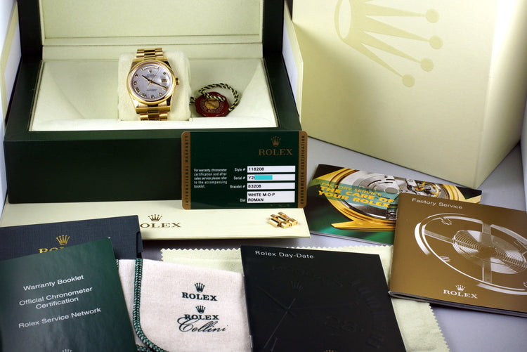 2002 Rolex YG Day-Date 118208 M-O-P Roman Dial with Box and Papers