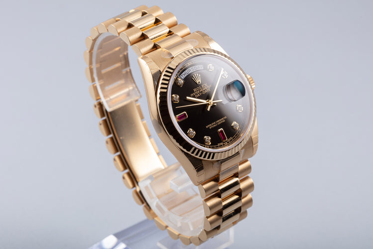 2018 Rolex 18k Day-Date Black Dial with Rubies & Diamonds