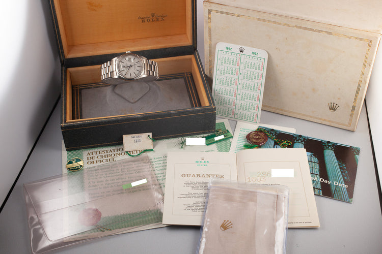 1972 Rolex 18K White Gold Day-Date 1803 Silver Dial with Box and Double Papers